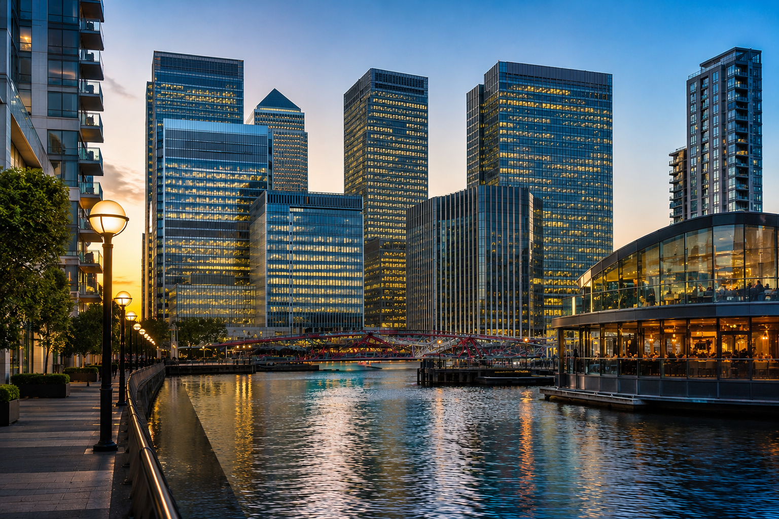 Canary Wharf skyline at dusk