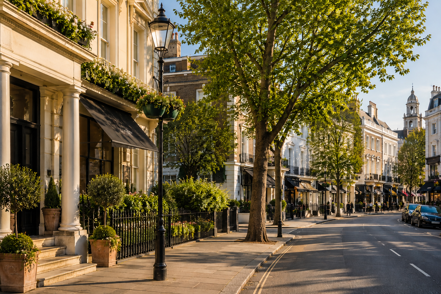 Tree-lined Kensington street with period townhouses