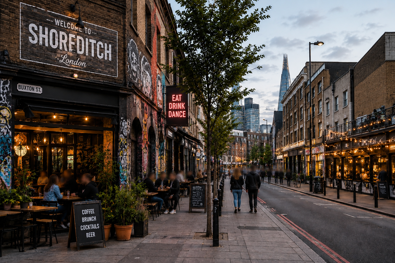 Shoreditch street scene with street art and cafes