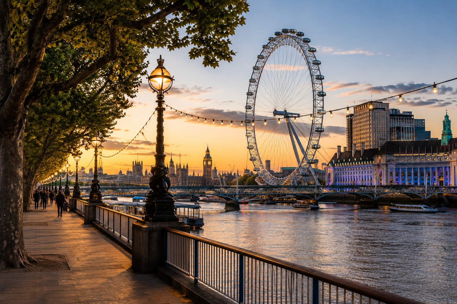 South Bank promenade with the London Eye and Big Ben at sunset